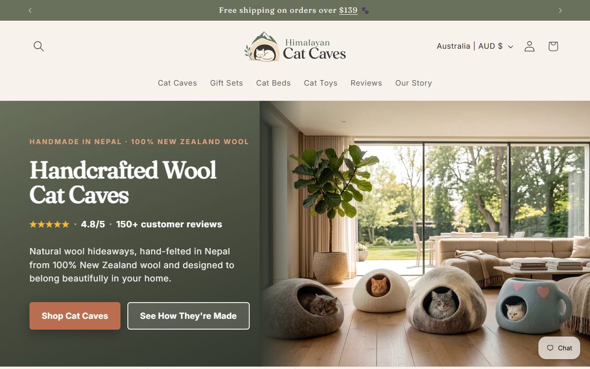 Himalayan Cat Caves home page — “Handcrafted Wool Cat Caves” over a photograph of felted wool cat caves in a living room, with a 4.8 out of 5 rating from 150+ reviews.
